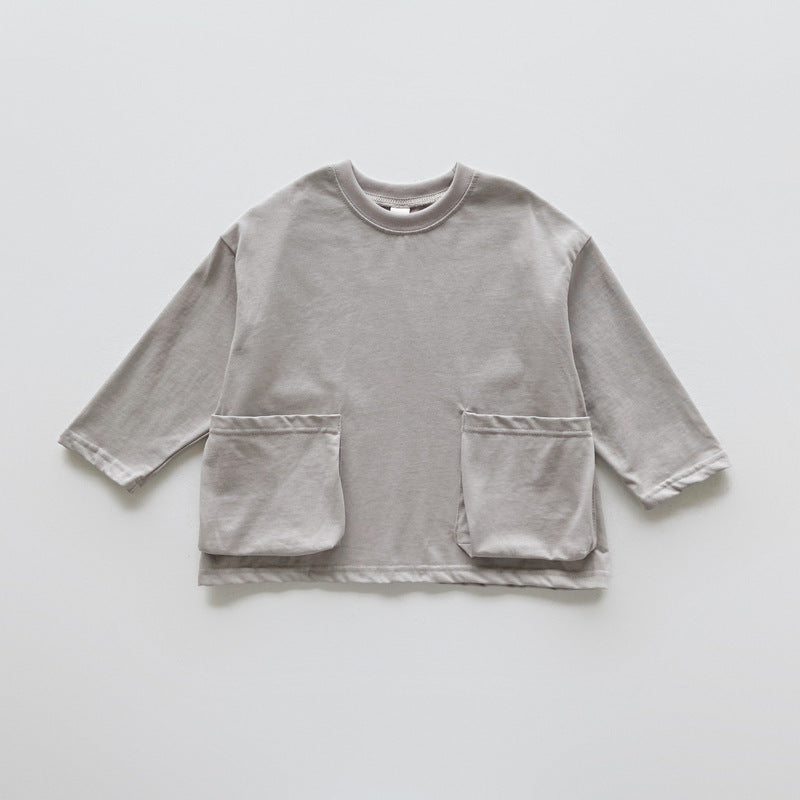Autumn Arrival Baby Kids Unisex Comfortable Solid Color Pocketed Long Sleeves Top